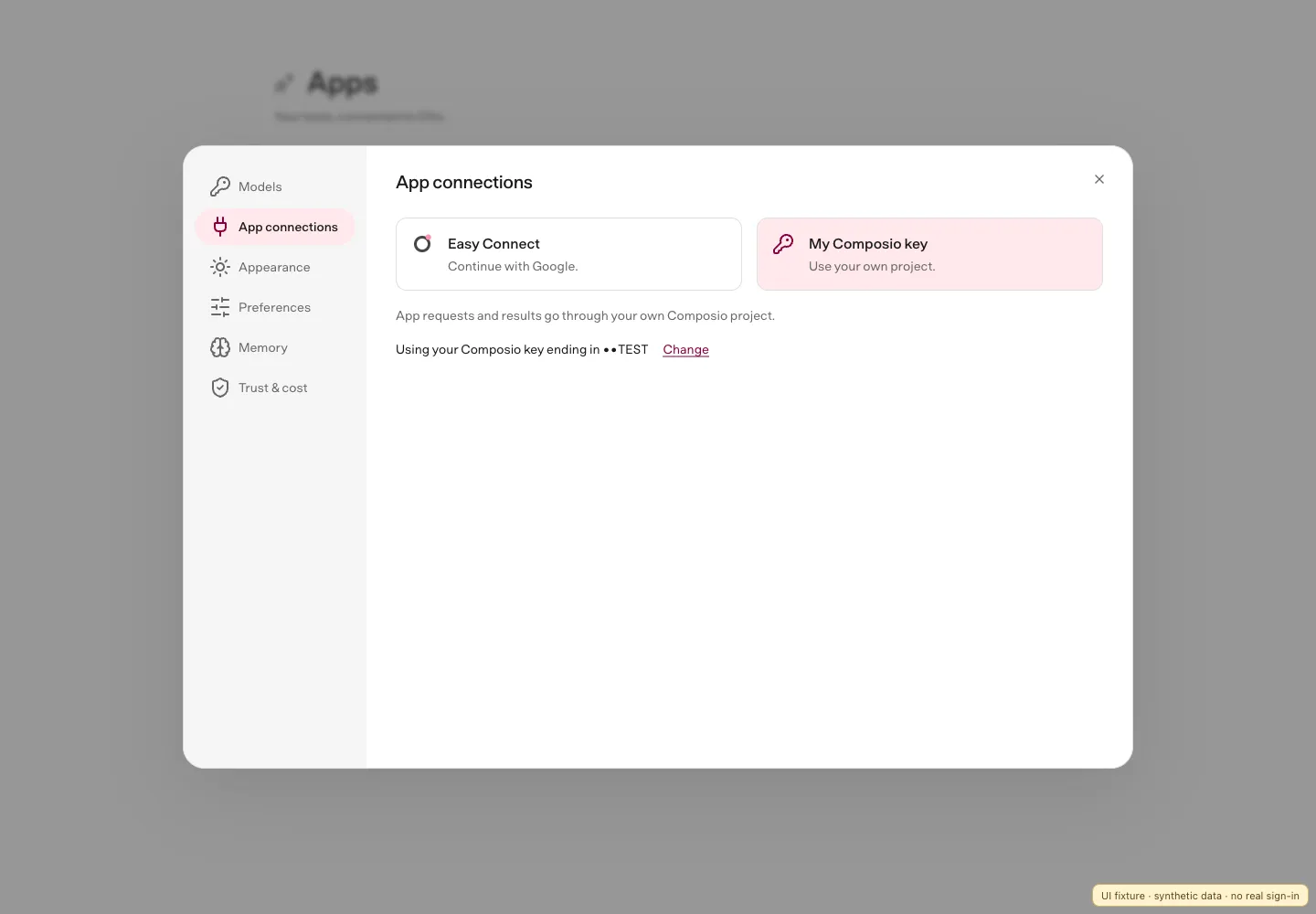 App connections in Settings with the personal Composio key form. Synthetic UI fixture.