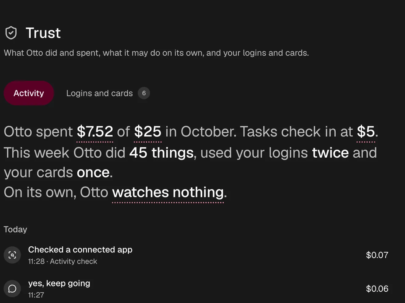 Trust with this month's spending, the task check-in and every app action, sign-in and card use.