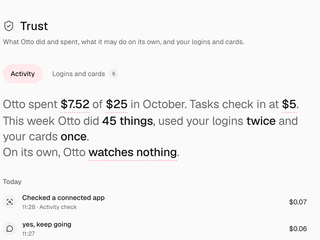 Trust with this month's spending, the task check-in and every app action, sign-in and card use.