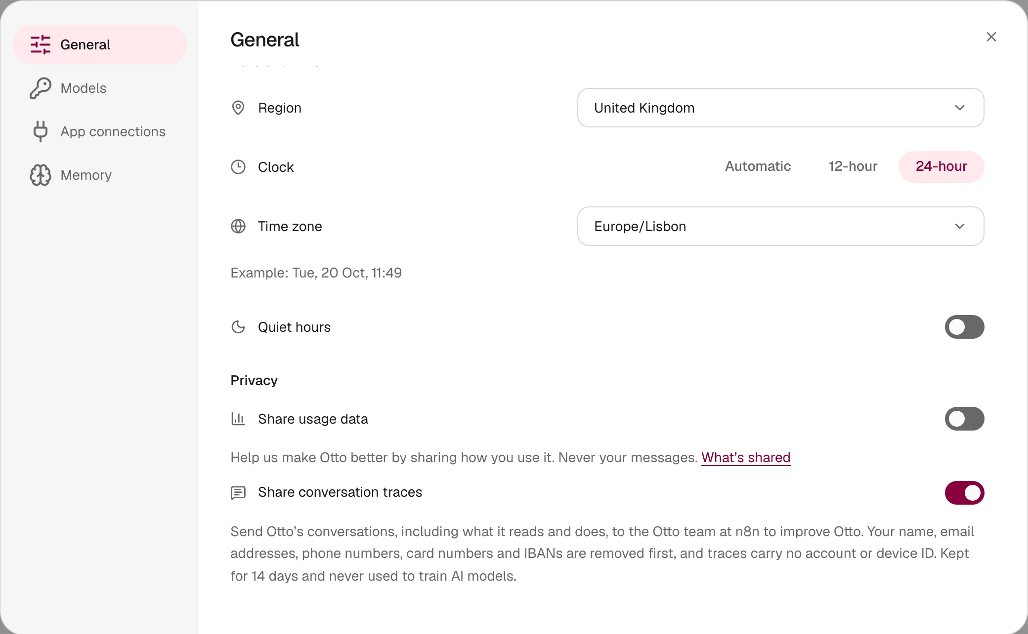 Settings → General, Privacy group, with Share conversation traces turned on and its explanation underneath.