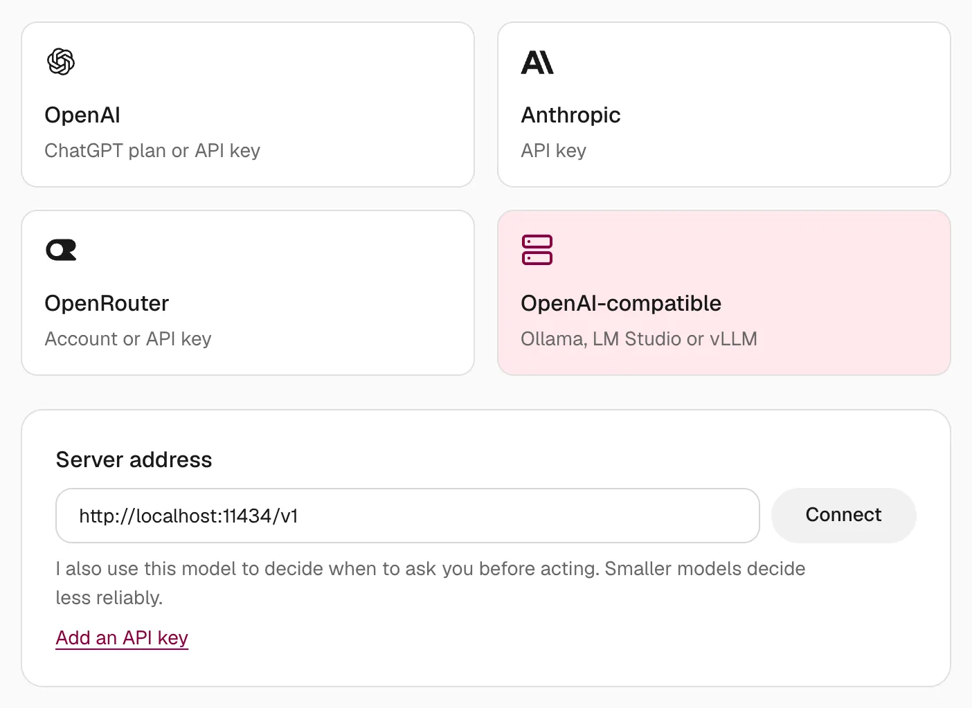 Onboarding with the OpenAI-compatible card selected and the server address http://localhost/v1 filled in next to Connect.