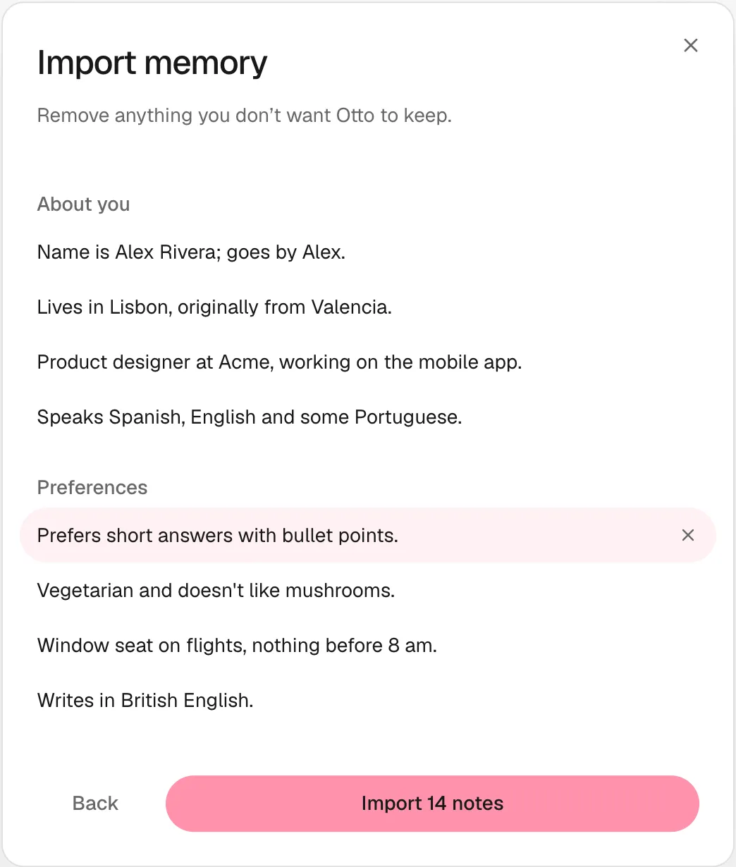 Import memory with the notes found in a pasted answer, grouped under About you and Preferences, above Back and Import 14 notes.