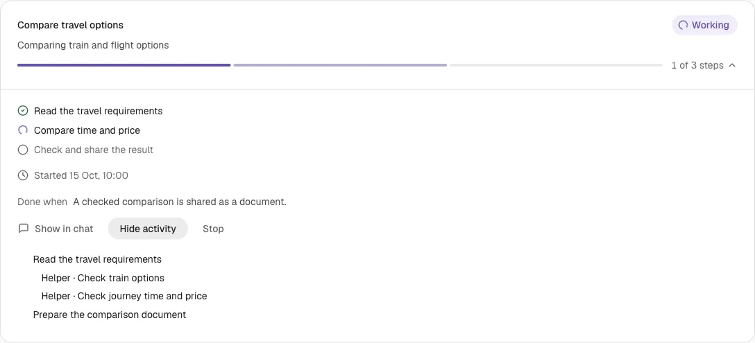 An expanded task with steps, activity from tools and helpers, and task controls.