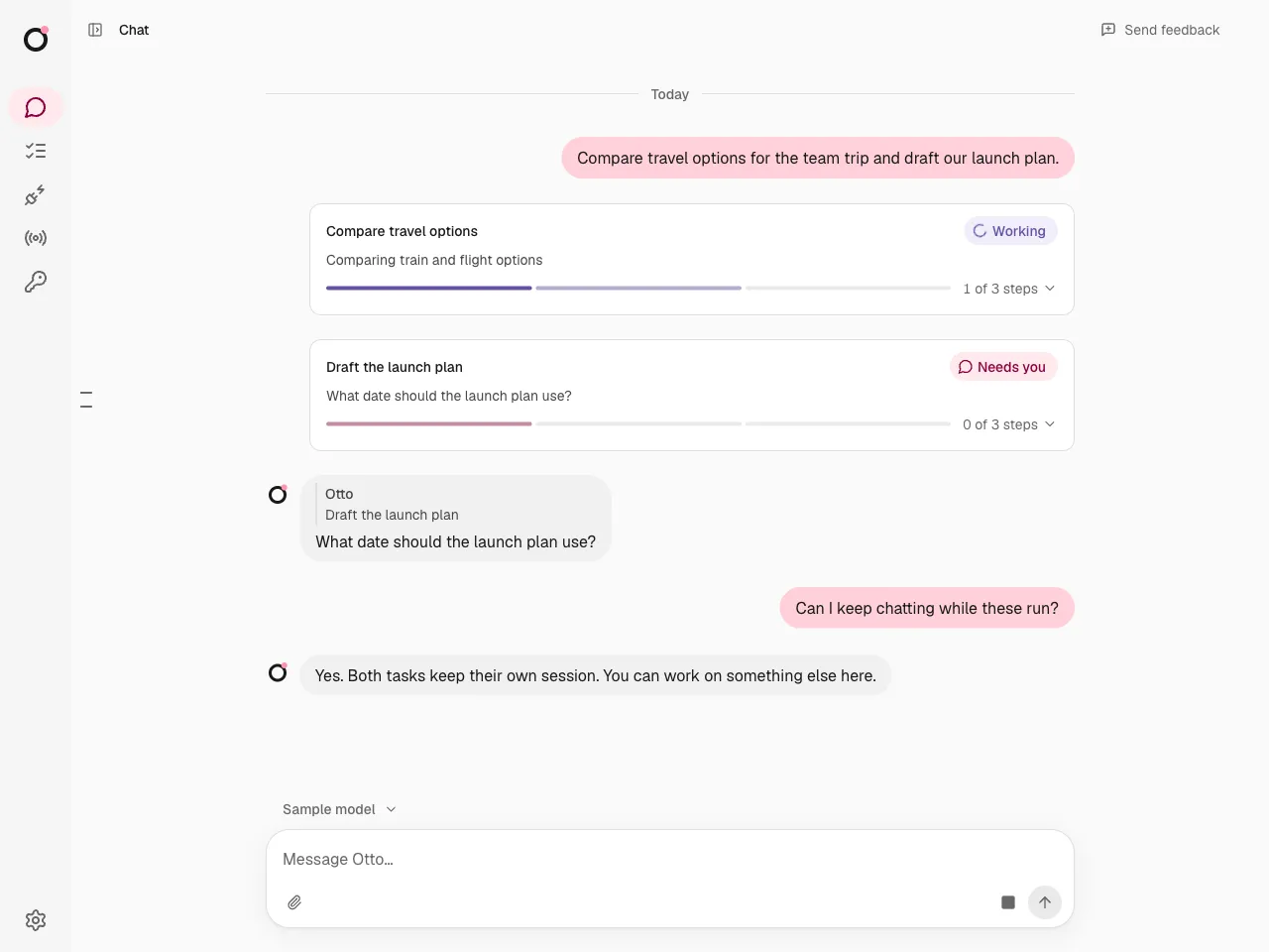 Two compact task previews in chat, one Working and one Needs you.