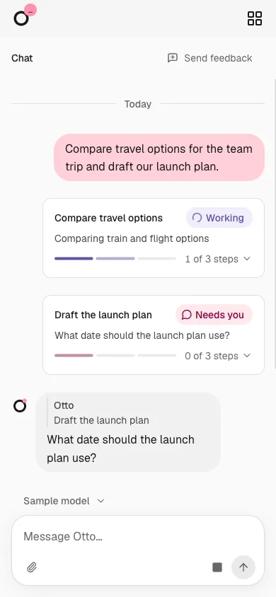 Compact task previews in mobile web chat.