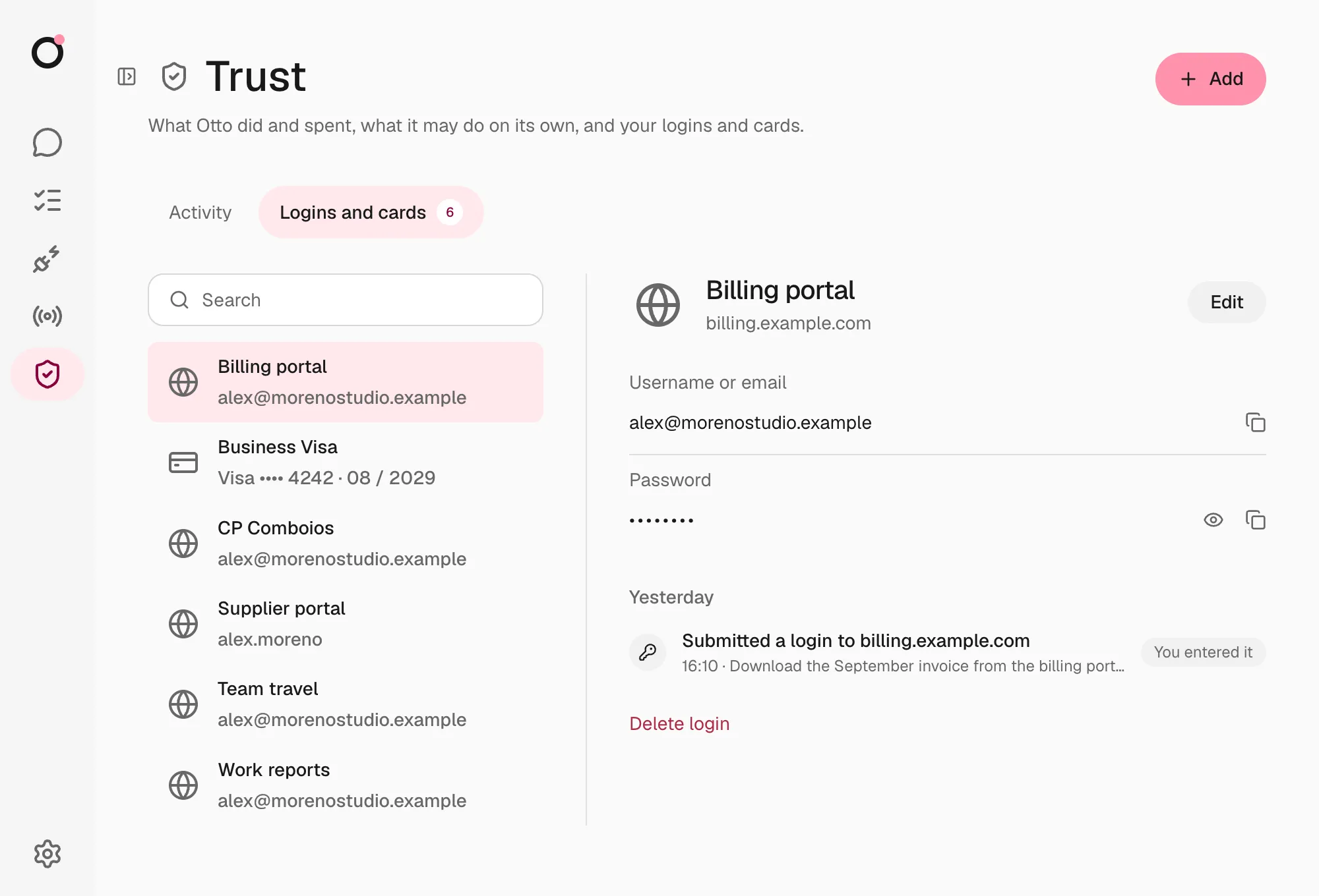 Trust → Logins and cards with five logins and a card, and Add at the top. The selected login shows every time nod asked for it, used it or you entered it.