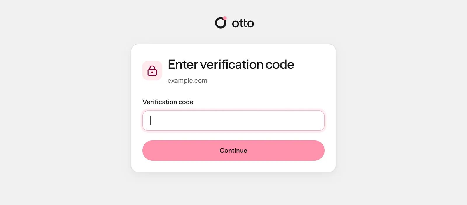 The private Enter verification code form for example.com, with one code field and a Continue button.